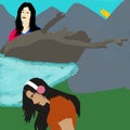 beautiful females model pose with mountain illustration