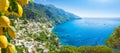 Beautiful Positano and clear blue sea on Amalfi Coast in Campania, Italy. Amalfi coast is popular travel and holyday destination Royalty Free Stock Photo