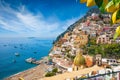 Beautiful Positano with comfortable beach and blue sea on Amalfi Coast in Campania, Italy. Amalfi coast is popular travel and Royalty Free Stock Photo