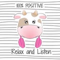 Beautiful positive cartoon cow love listen music.