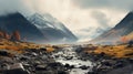 Beautiful Post-apocalyptic Mountain Stream With Clouds In A Valley