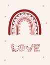 A beautiful postcard with a bohemian rainbow and hearts around. Romantic day of St. Valentine Bright illustrations for