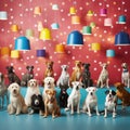 Beautiful postcard of many cute dogs on the background of wallpaper and lamps created with Generative AI