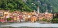 Beautiful Postcard Panorama view of beautiful Varenna Town, Lake Como, Lombardy, Italy, Europe