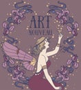 Beautiful Poster In Art Nouveau Style With Fairy Woman And Irises Floral Frame