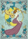 Beautiful poster in art nouveau style with fairy woman and moon and floral frame Royalty Free Stock Photo