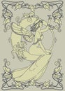 Beautiful poster in art nouveau style with fairy woman and moon and floral frame