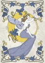 Beautiful Poster In Art Nouveau Style With Fairy Woman And Moon And Floral Frame