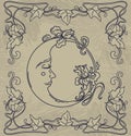 Beautiful poster in art nouveau style with moon, irises and floral frame