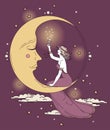 Beautiful Poster In Art Nouveau Style With Party Woman And Moon In Starry Sky