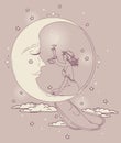 Beautiful Poster In Art Nouveau Style With Party Woman And Moon In Starry Sky