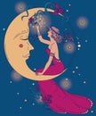 Beautiful poster in art nouveau style with party woman and moon in starry sky