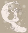 Beautiful poster in art nouveau style with party woman and moon in starry sky