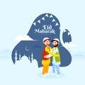 Beautiful poster and banner design with illustration of young happy men hugging each other in occasion of Islamic Festival Eid Royalty Free Stock Photo