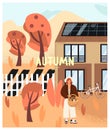 Beautiful poster with eco-house, vegetable garden, bike and joyful young woman with a basket of vegetables. Autumn harvest and Royalty Free Stock Photo