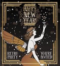 beautiful poster for happy new year in art deco style with fairy woman drinking champagne Royalty Free Stock Photo