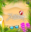 Beautiful Poster with Palm Leaves, Beach Ball, Flip-flops, Surf Board, Sunglasses, Sand Texture Royalty Free Stock Photo