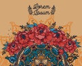 Beautiful poster with peonies and mandala ornaments