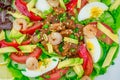 Beautiful prawn salad with cucumber, tomatoes, lettuce, avocado and canned octopus