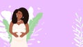 Beautiful pregnant african american woman banner. Smiling poster girl in white dress and stylish hairstyle smiling holds Royalty Free Stock Photo