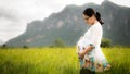 Beautiful Pregnant Asian Woman in Rice Field Royalty Free Stock Photo