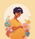Beautiful pregnant black woman on background with flowers, happy pregnancy concept, mother s day modern card. Flat Royalty Free Stock Photo