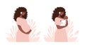Beautiful pregnant black woman, hispanic mommy hugging newborn baby, motherhood and family concept. Motherhood flat