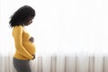 Beautiful pregnant black woman hugging her tummy at home