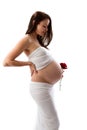 Beautiful pregnant brunette lady on white backgrou