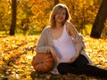 Beautiful pregnant Excited happy fall woman smiling joyful outside in colorful fall forest. Beautiful Royalty Free Stock Photo