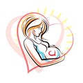 Beautiful pregnant female body silhouette surrounded by heart shape frame.  Mother-to-be drawn vector illustration. Happiness and Royalty Free Stock Photo