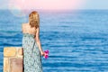 Beautiful pregnant girl in hat at sea background Royalty Free Stock Photo