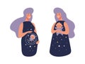 Beautiful pregnant mother, woman with baby, funny maternity character set, flat cartoon vector illustration isolated on