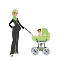 Beautiful Pregnant Muslim woman with a baby in pram