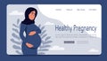 Beautiful pregnant Muslim woman hugs her belly. Healthy pregnancy banner.Web page template concept of pregnancy and