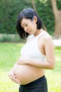 Beautiful pregnant of portrait asian young woman relax in the park Royalty Free Stock Photo