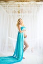 Beautiful pregnant woman. Attractive blonde touching naked belly posing in blowing drapery dress flying on wind