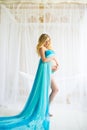 Beautiful pregnant woman. Attractive blonde touching naked belly posing in blowing drapery dress flying on wind