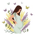 Beautiful pregnant woman on the background of wild flowers and butterflies. Motherhood happiness concept.