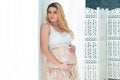 A beautiful pregnant woman in beautiful lace dress stands near a bright window. Feminine sexuality, femininity and beautiful