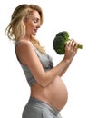 Beautiful pregnant woman big belly holding broccoli Pregnancy motherhood expectation healthy eating Royalty Free Stock Photo