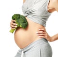 Beautiful pregnant woman big belly holding broccoli Pregnancy motherhood expectation healthy eating