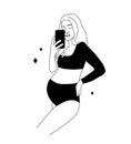 Beautiful pregnant woman in black underwear. Happy future mom. Motherhood concept. Modern vector illustration in line Royalty Free Stock Photo