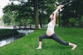 Beautiful pregnant woman doing prenatal yoga on nature outdoors. Royalty Free Stock Photo