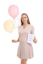 Beautiful pregnant woman holding air balloons and card with text IT'S A GIRL on white background Royalty Free Stock Photo