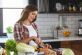 Beautiful pregnant woman preparing healthy meal with lots of vegetables at home Royalty Free Stock Photo