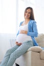 Beautiful pregnant woman sitting at sofa and keeping hand on belly Royalty Free Stock Photo