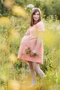 Beautiful pregnant woman walks in the park