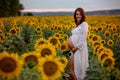 Beautiful pregnant woman, wearing white fashion dress in sunflower field Royalty Free Stock Photo