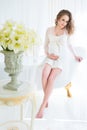 Beautiful pregnant woman in white underwear at the bathroom Royalty Free Stock Photo